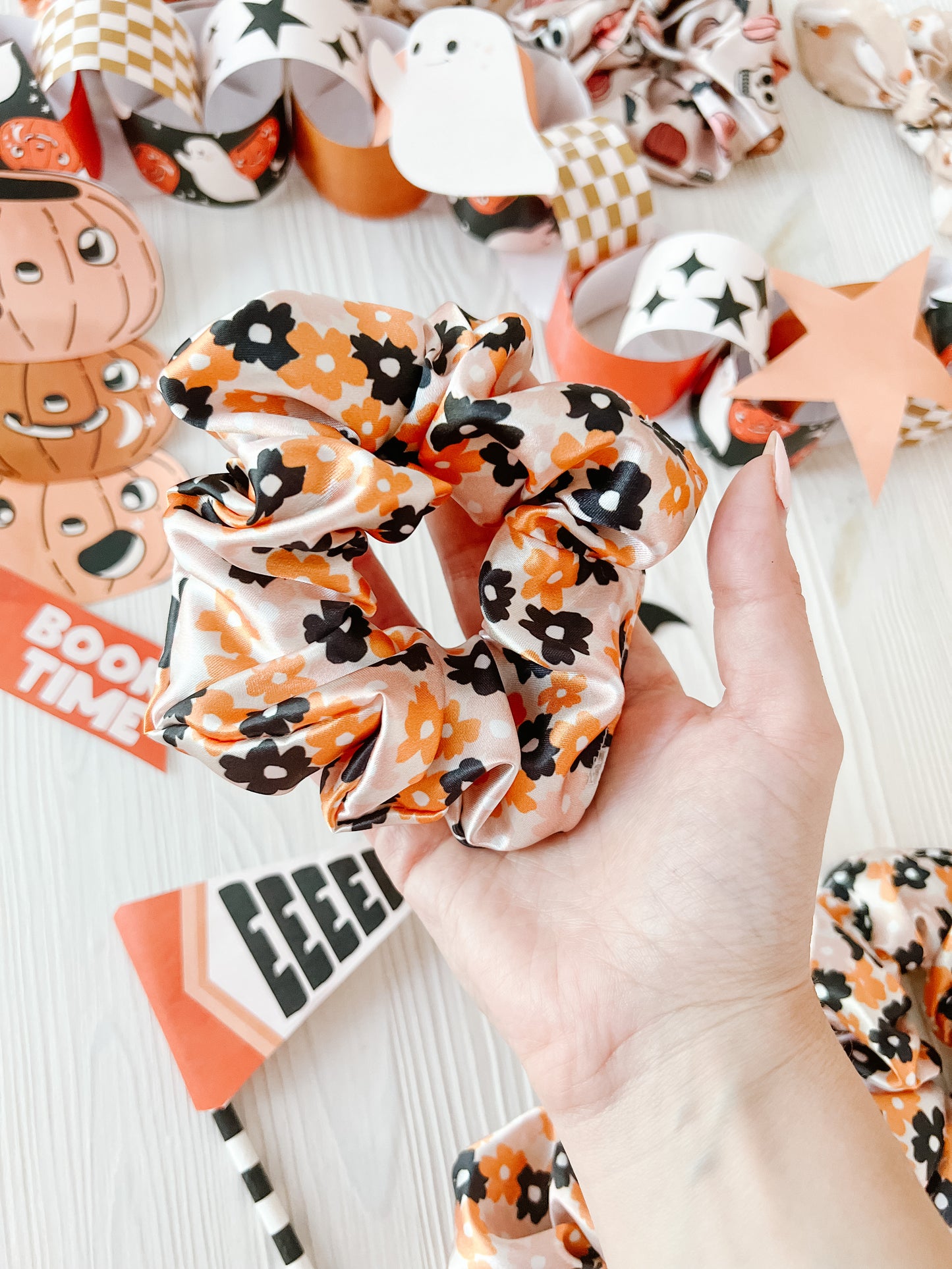 Oversized Fall Floral Satin Scrunchy