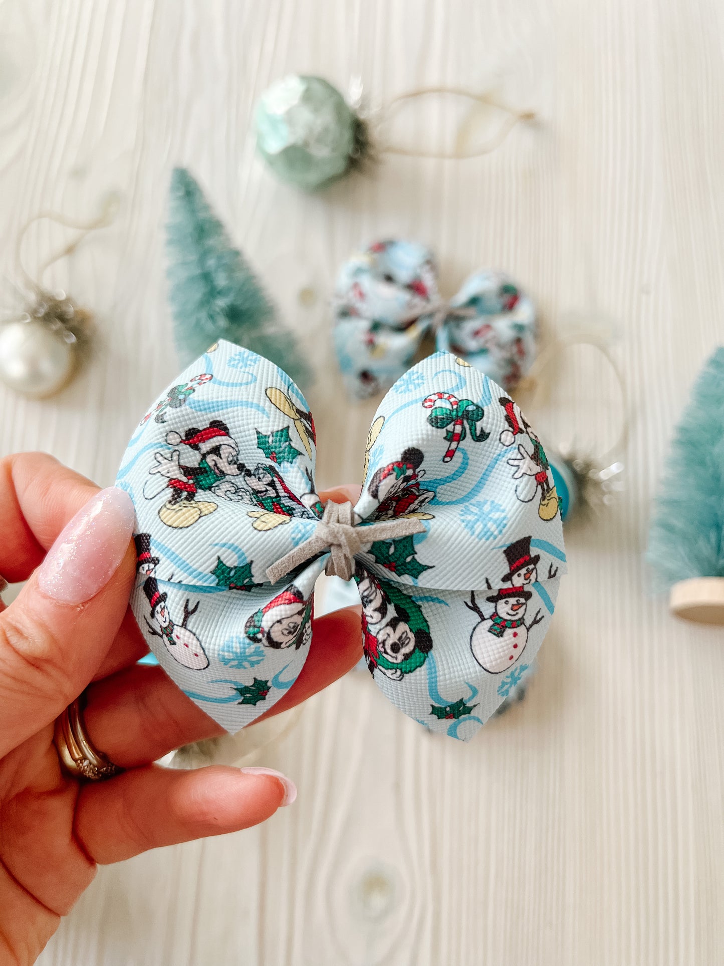 Holiday friends blue faux leather bow